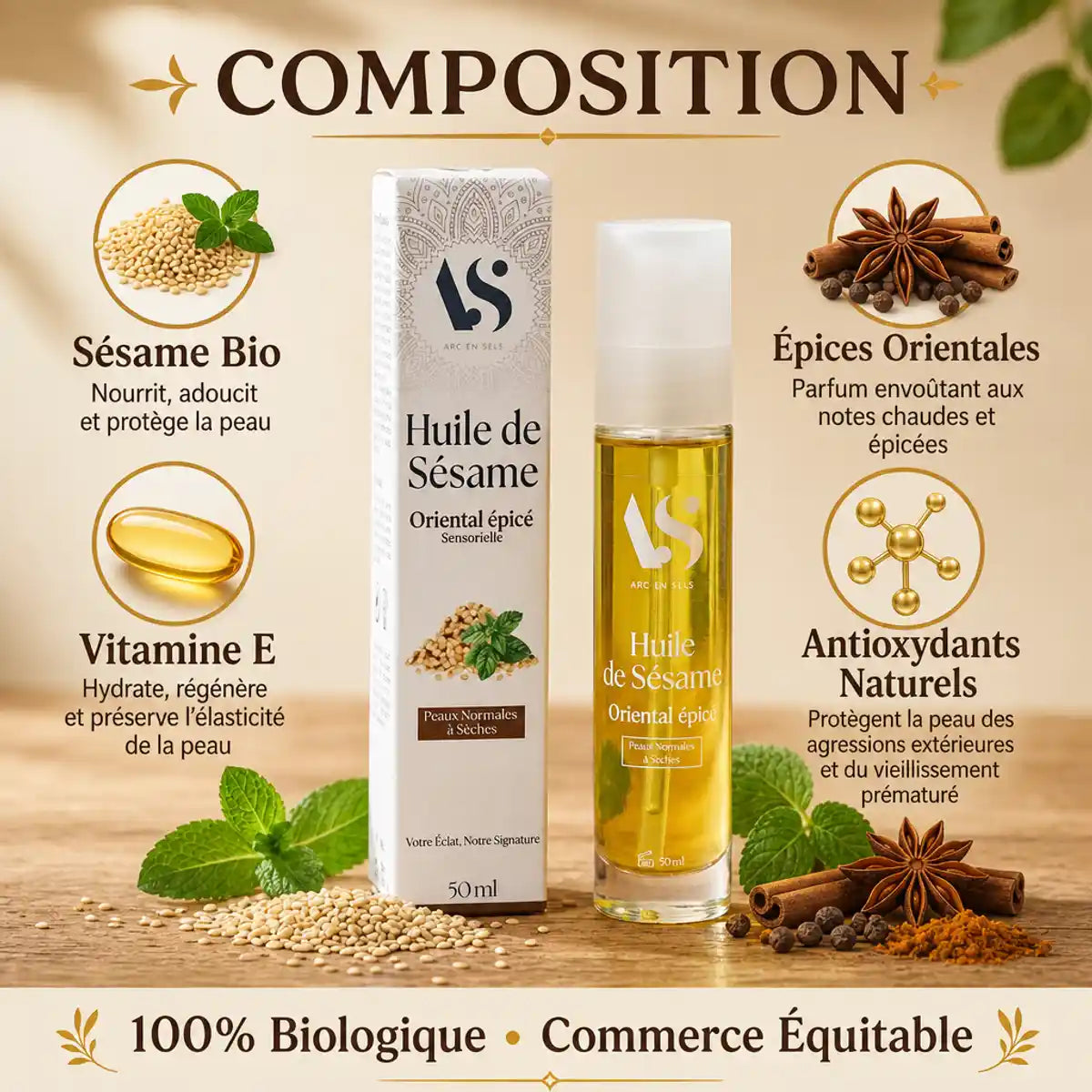 Huile de sésame bio orientale épicée Arc en Sels 50ml avec ingrédients naturels sur fond bois