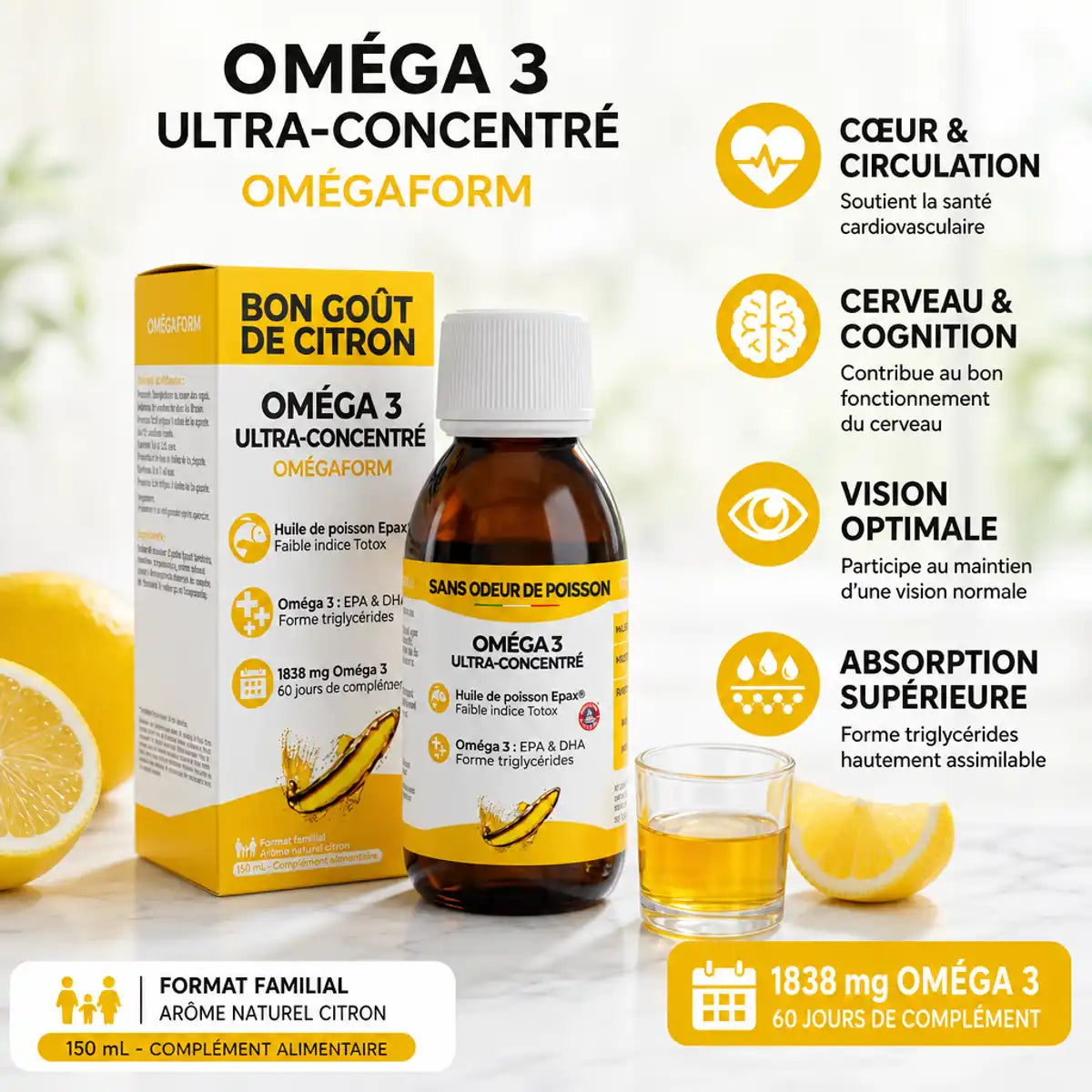 Huile Oméga 3 EPA DHA Inolab 150ml avec bénéfices santé : cœur, cerveau, vision