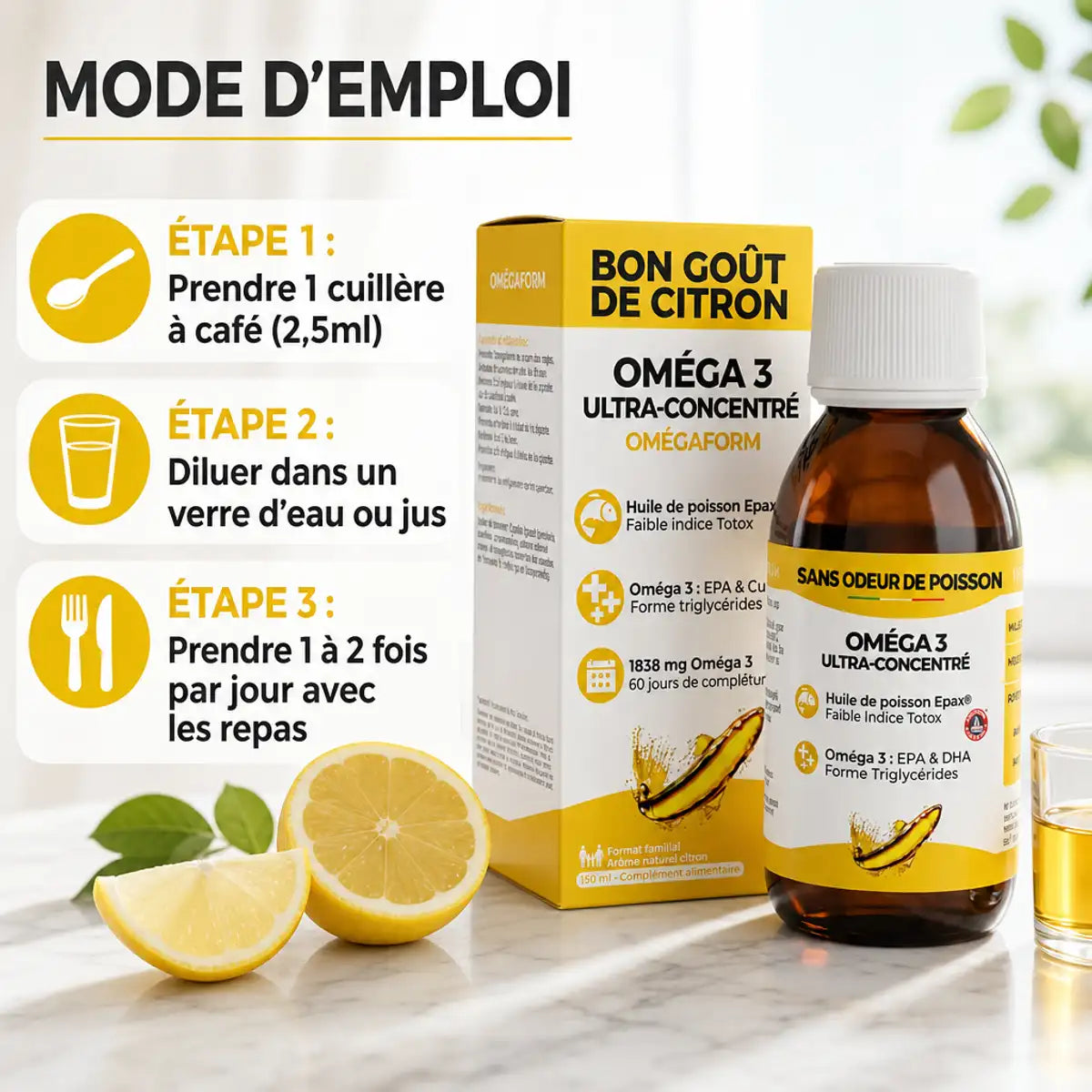 Huile Oméga 3 EPA DHA Epax ultra concentré 150ml avec mode d'emploi et instructions posologie