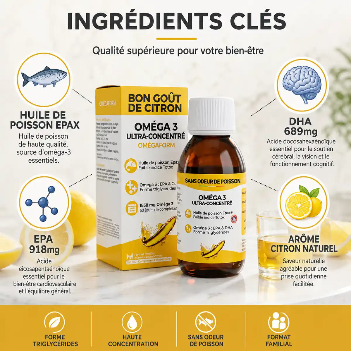 Bouteille Omega-3 EPAX Ultra concentré 150ml avec infographie EPA DHA et arôme citron