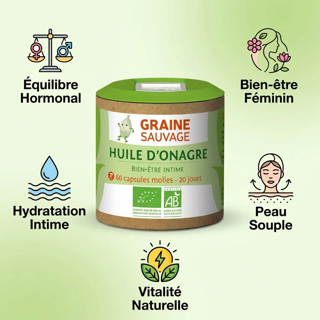 Huile d'Onagre Graine Sauvage 60 capsules avec bénéfices : équilibre hormonal, bien-être féminin, hydratation
