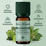 Huile essentielle bio Ravintsara 10ml Saint-Hilaire avec feuilles, bénéfices wellness et infographie santé naturelle