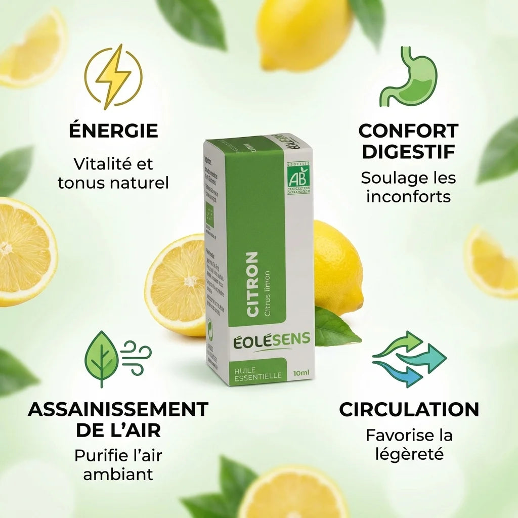 Huile essentielle citron bio Eolesens 10ml avec bénéfices énergie, digestion et circulation