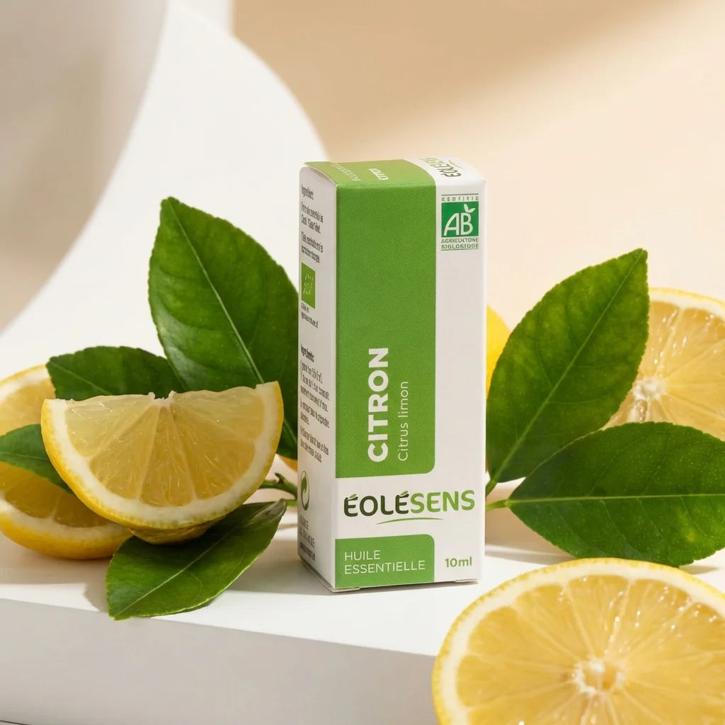 Huile Essentielle Citron Bio Eolesens 10ml avec citrons frais et feuilles vertes