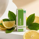 Huile Essentielle Citron Bio Eolesens 10ml avec citrons frais et feuilles vertes
