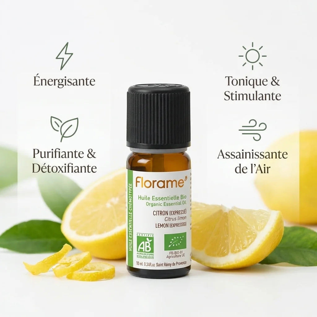 Huile essentielle citron zeste bio Florame 10ml avec bénéfices énergisants et purifiants
