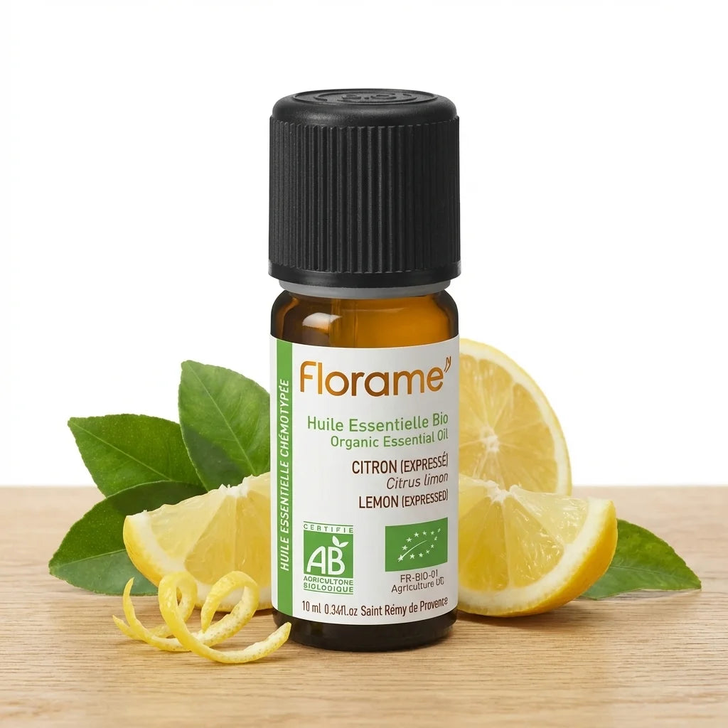 Huile essentielle citron bio Florame 10ml entourée de citrons frais et zeste