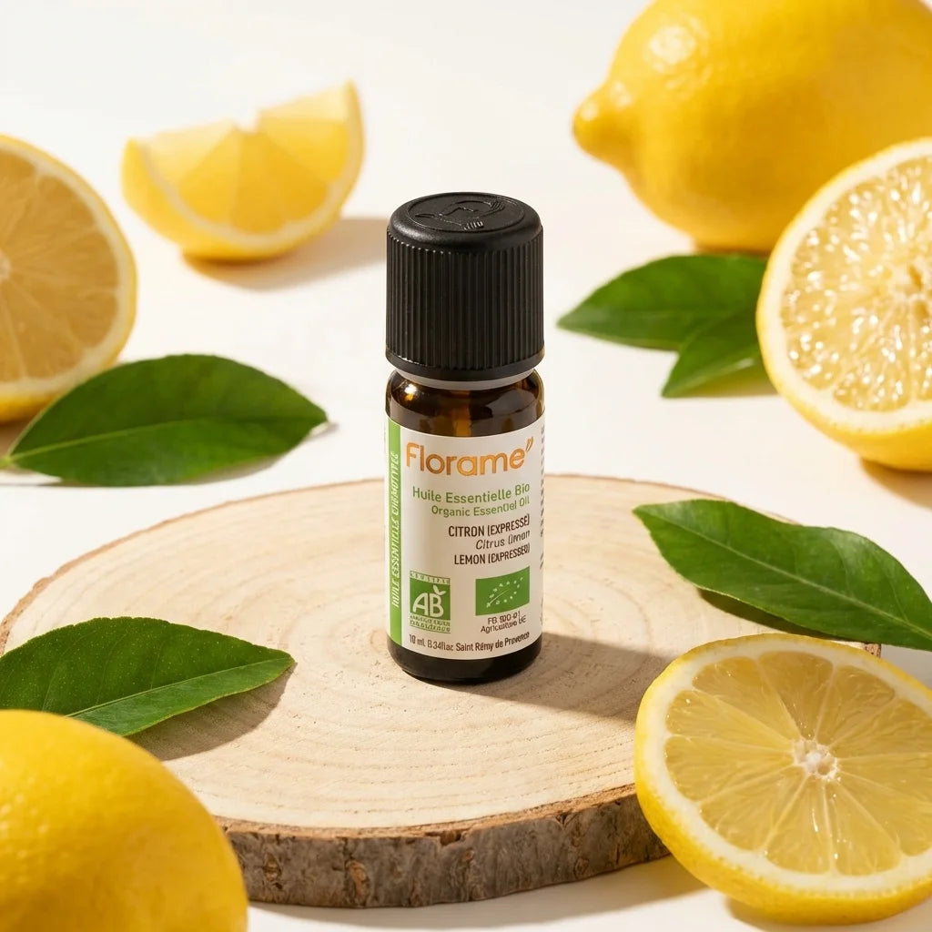 Huile essentielle citron zeste bio Florame 10ml avec citrons frais et feuilles vertes