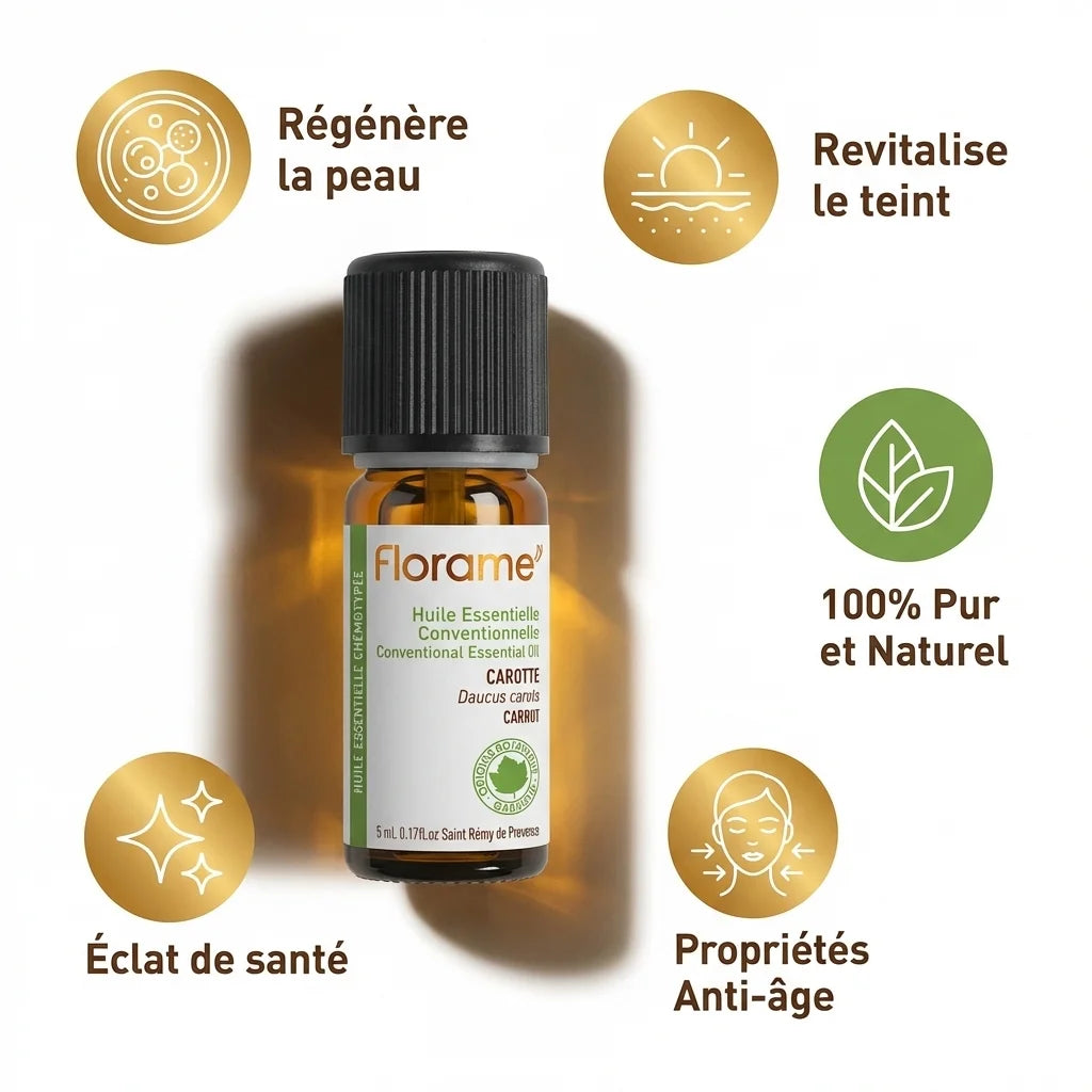 Huile essentielle carotte Florame 5ml avec ses 5 bénéfices : régénère, revitalise, anti-âge