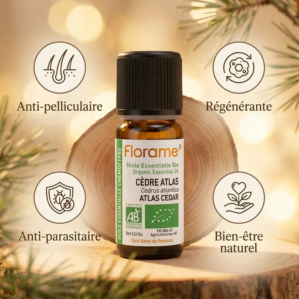 Huile essentielle cèdre Atlas bio Florame 10ml avec bénéfices anti-pelliculaire et régénérante