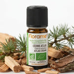 Huile essentielle cèdre Atlas Florame 10ml bio avec brindilles bois naturel