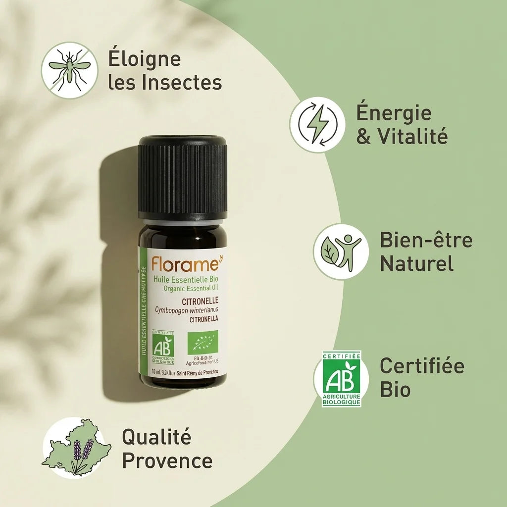 Huile essentielle citronnelle bio 10ml Florame avec bénéfices, certification AB et qualité Provence
