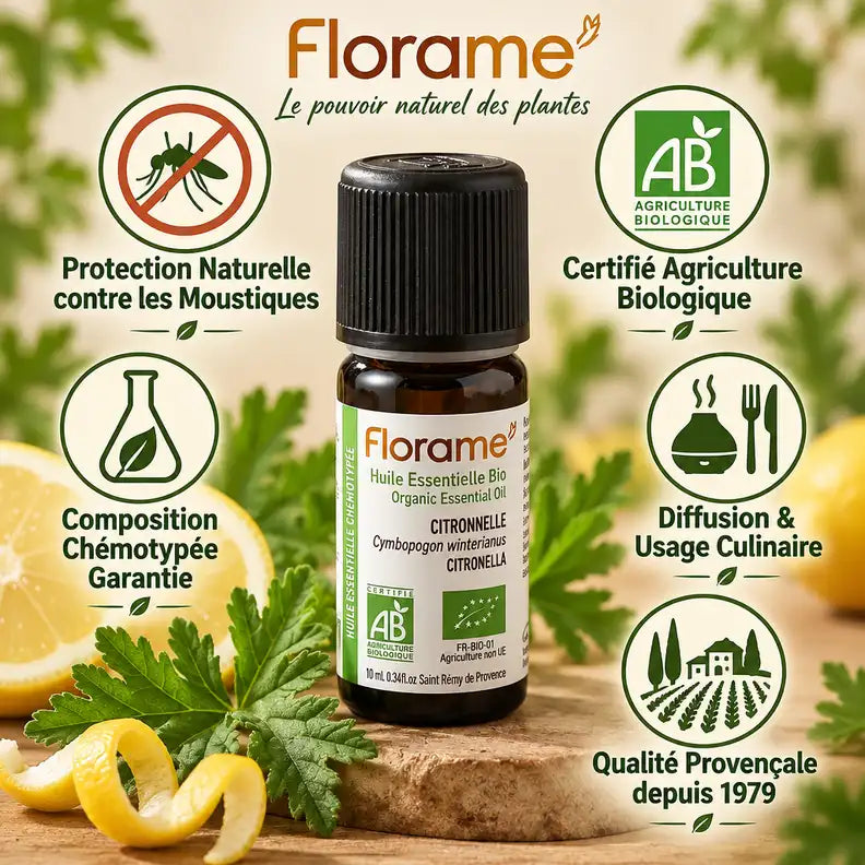 Flacon d'huile essentielle de citronnelle bio Florame 10ml avec ses bienfaits et certifications