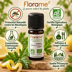 Flacon d'huile essentielle de citronnelle bio Florame 10ml avec ses bienfaits et certifications