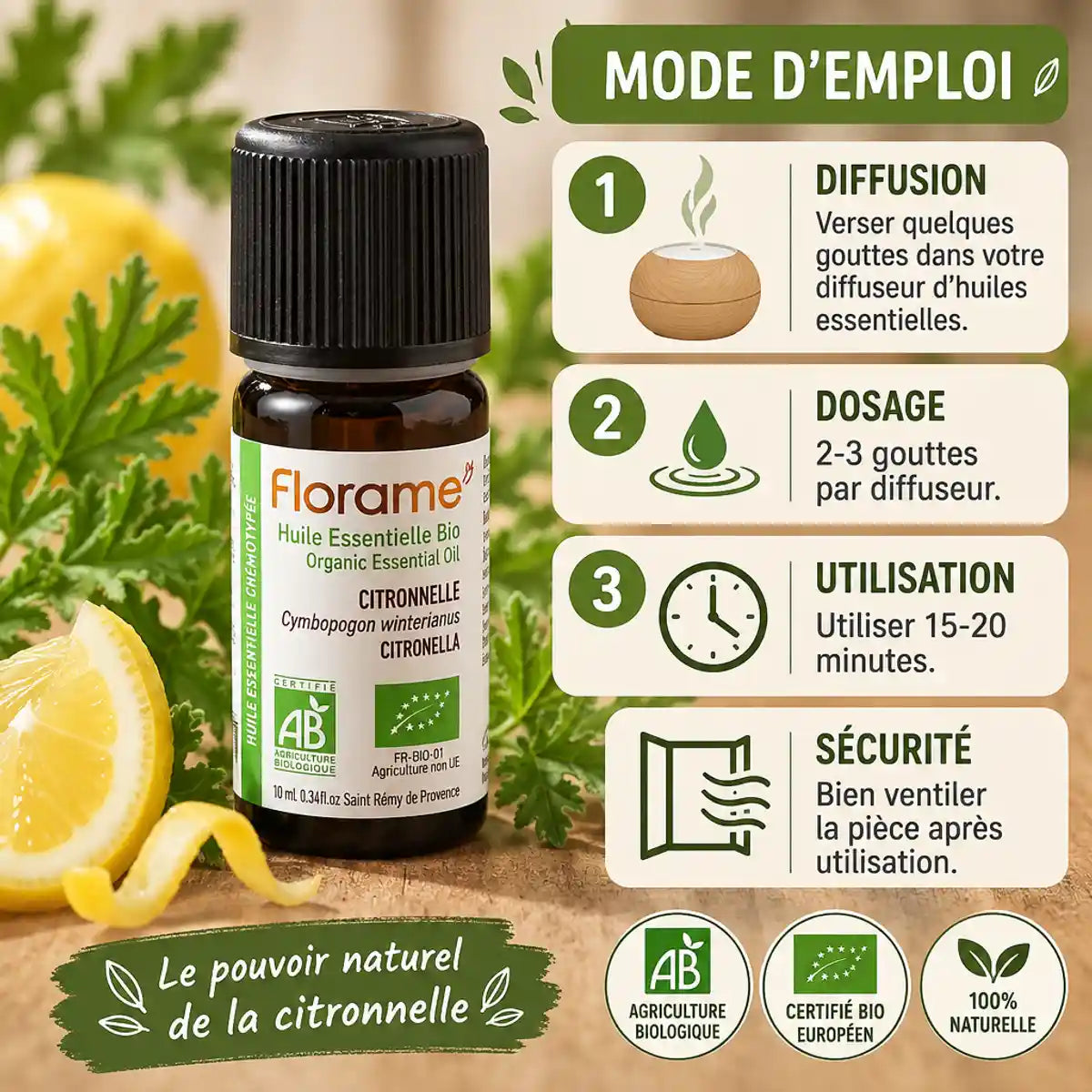 Huile essentielle de citronnelle bio Florame 10ml avec mode d'emploi et diffuseur