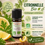 Flacon huile essentielle citronnelle bio Florame 10ml avec ingrédients naturels et informations botaniques