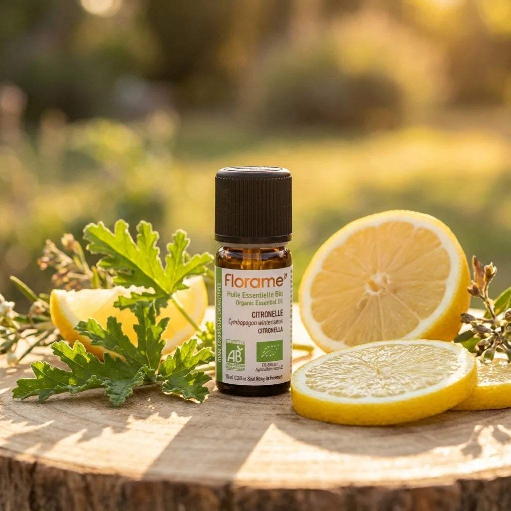 Flacon Huile Essentielle Citronnelle Bio Florame 10ml avec citrons et éléments botaniques