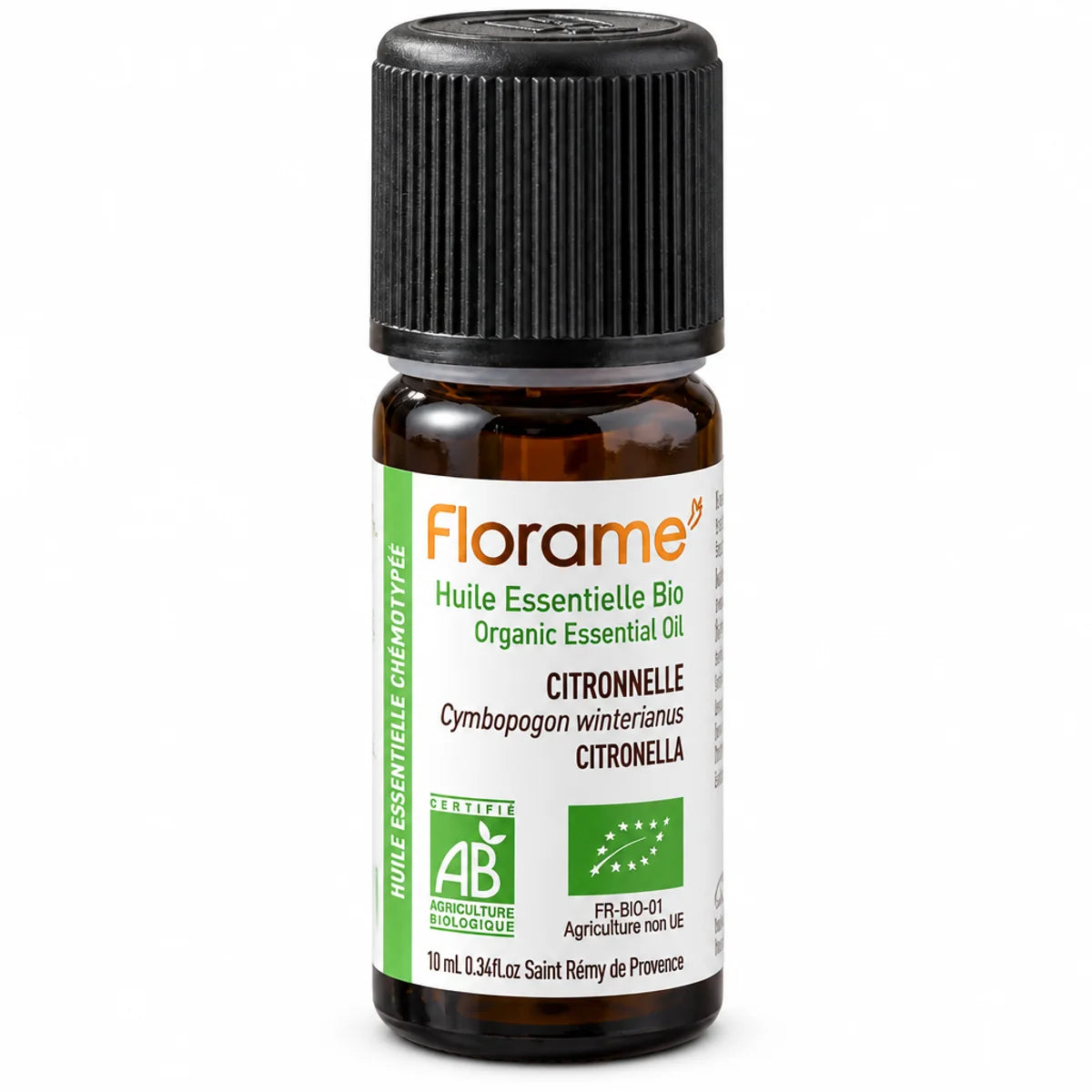 Huile Essentielle de Citronnelle Bio Florame 10ml en flacon verre ambré avec étiquette