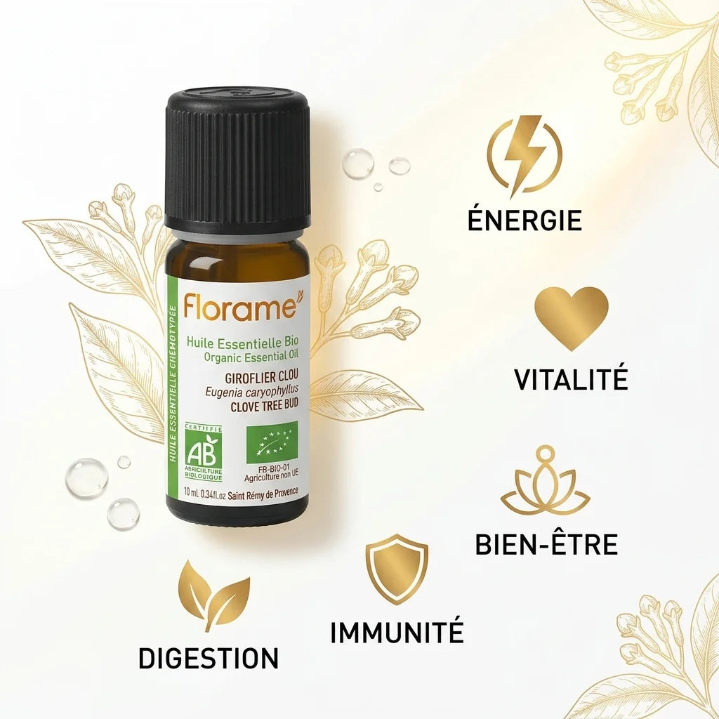 Huile essentielle clou de girofle bio Florame 10ml avec icônes bénéfices santé