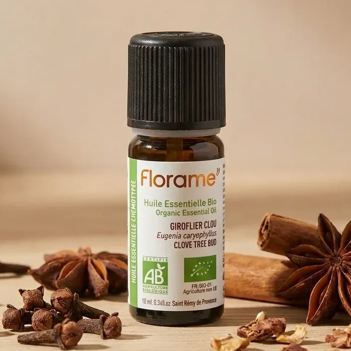 Huile essentielle clou de girofle bio Florame 10ml avec boutons frais et botaniques
