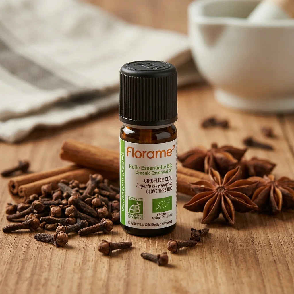 Flacon d'huile essentielle de clou de girofle bio Florame 10ml entouré d'épices