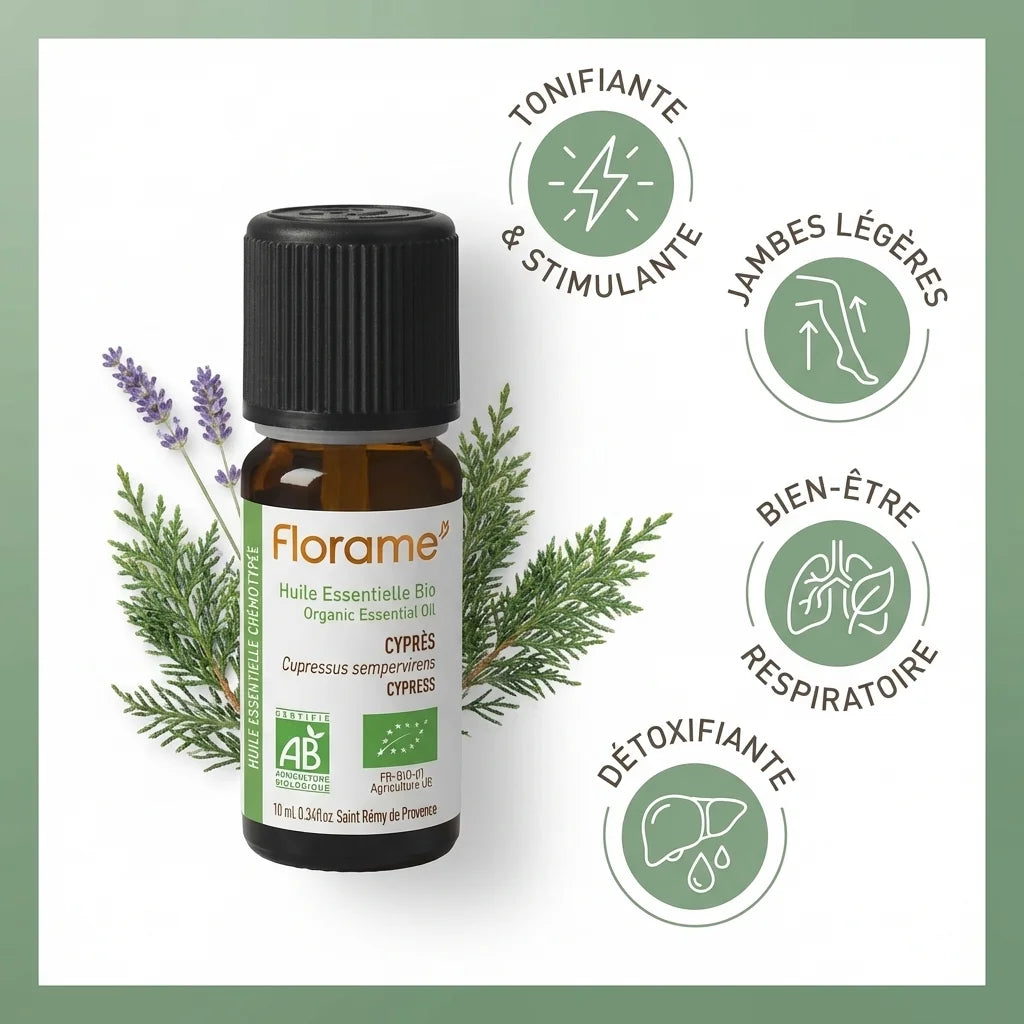 Huile essentielle cyprès bio Florame 10ml avec bienfaits tonifiants et respiratoires