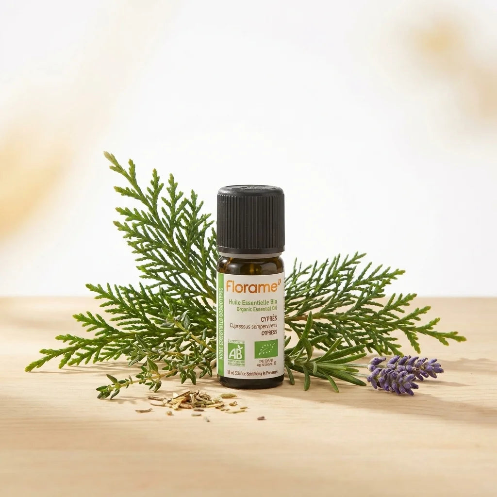 Huile essentielle de Cyprès bio Florame 10ml avec branches fraîches sur bois naturel