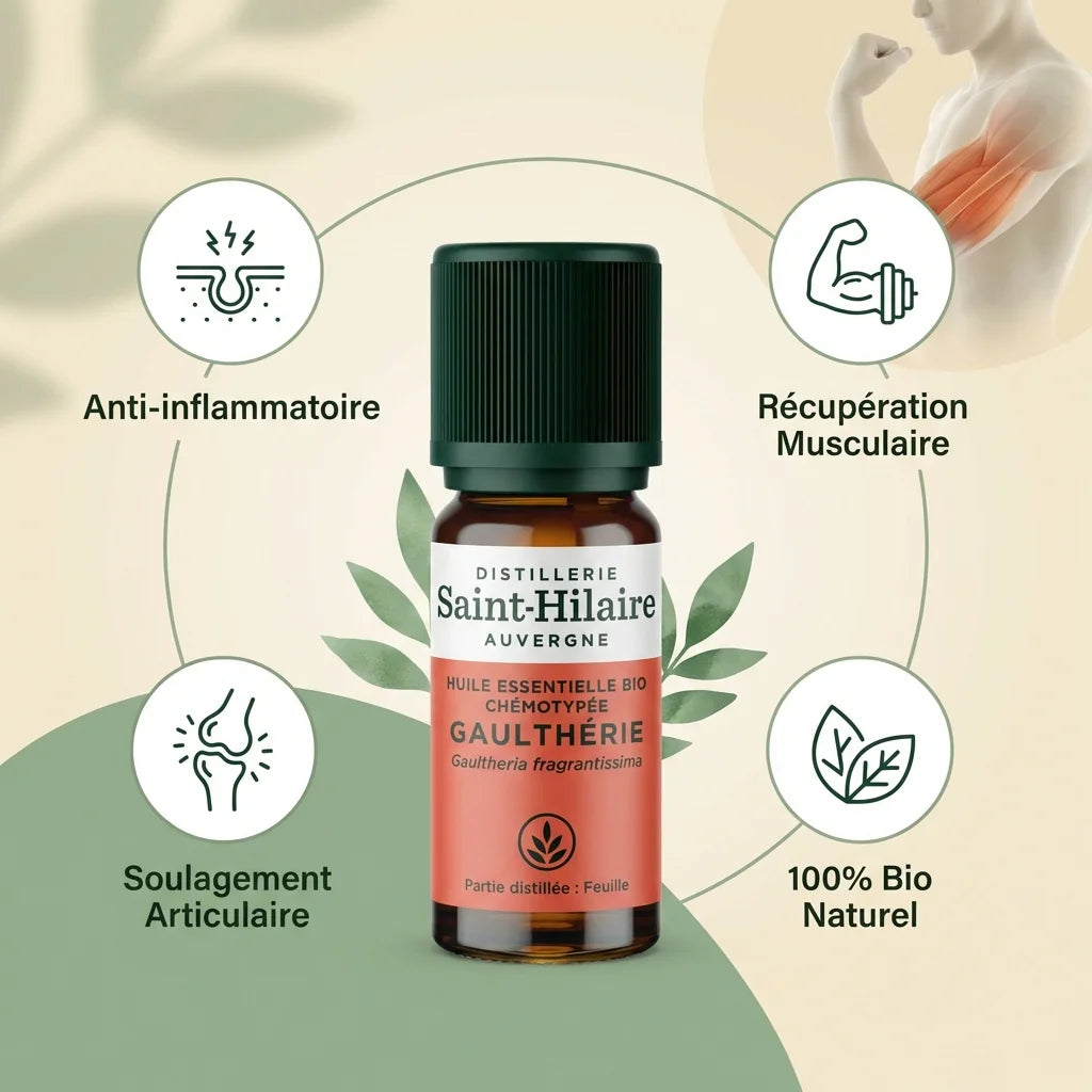 Huile essentielle Gaulthérie Bio Saint Hilaire 10ml avec bénéfices anti-inflammatoire et récupération musculaire