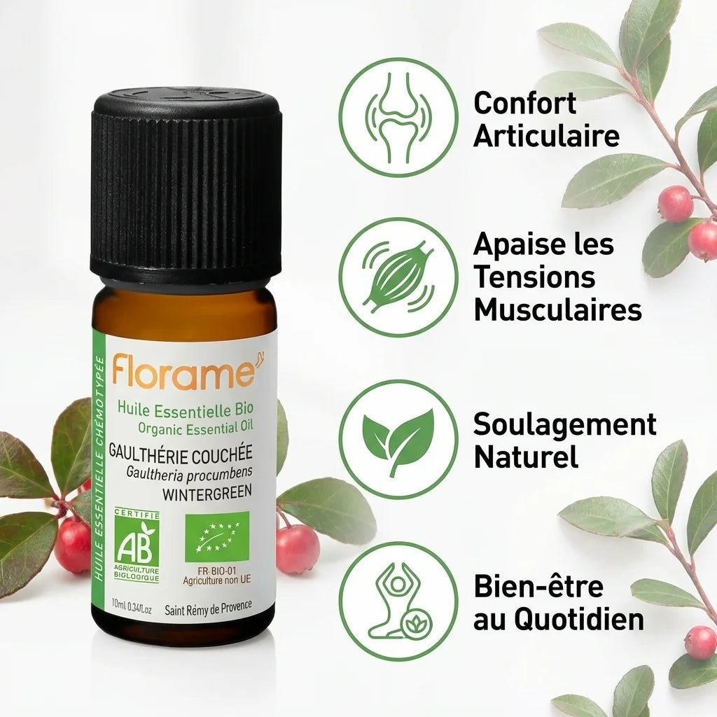 Huile essentielle Gaulthérie couchée Bio Florame 10ml avec bénéfices articulation et muscles