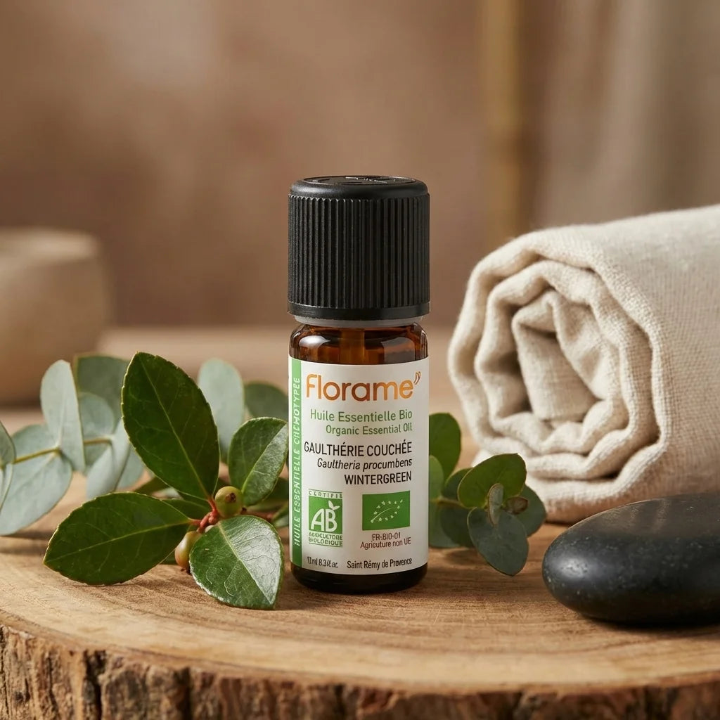 Huile essentielle Gaulthérie couchée Bio Florame 10ml avec feuilles fraîches et accessoires spa