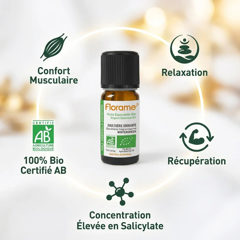 Huile Essentielle Gaulthérie odorante Bio Florame 10ml avec bénéfices confort musculaire et relaxation