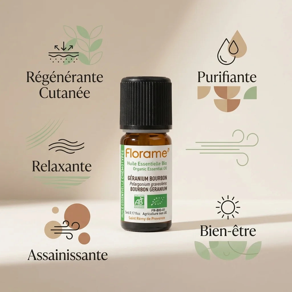 Huile essentielle géranium bourbon bio Florame 5ml avec ses 5 bénéfaits cutanés et relaxants