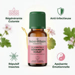 Huile Essentielle Géranium Rosat Bio Saint-Hilaire 10ml avec ses bienfaits : régénérante, anti-infectieuse, répulsif insectes