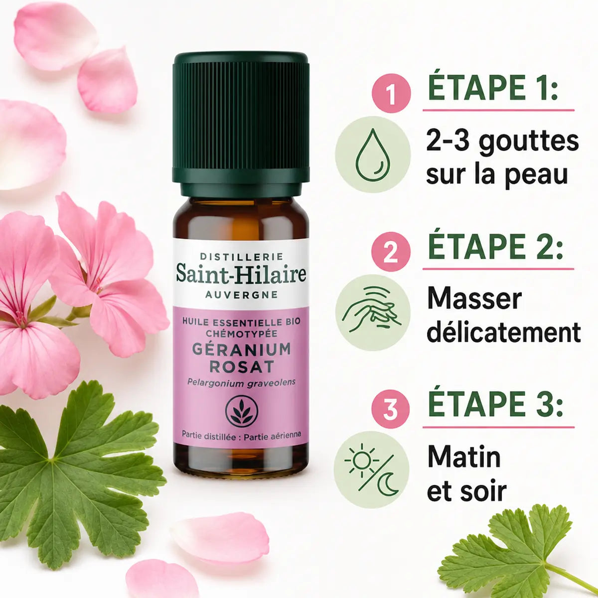 Huile Essentielle Géranium Rosat Bio Saint-Hilaire 10ml avec guide d'utilisation étapes