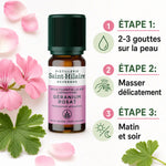 Huile Essentielle Géranium Rosat Bio Saint-Hilaire 10ml avec guide d'utilisation étapes