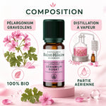Flacon Huile Essentielle Géranium Rosat Bio 10ml Saint Hilaire avec composition botanique et procédé distillation