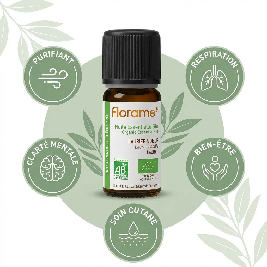 Huile essentielle Laurier noble Florame 5ml avec icônes bénéfices purifiant respiration clarté mentale