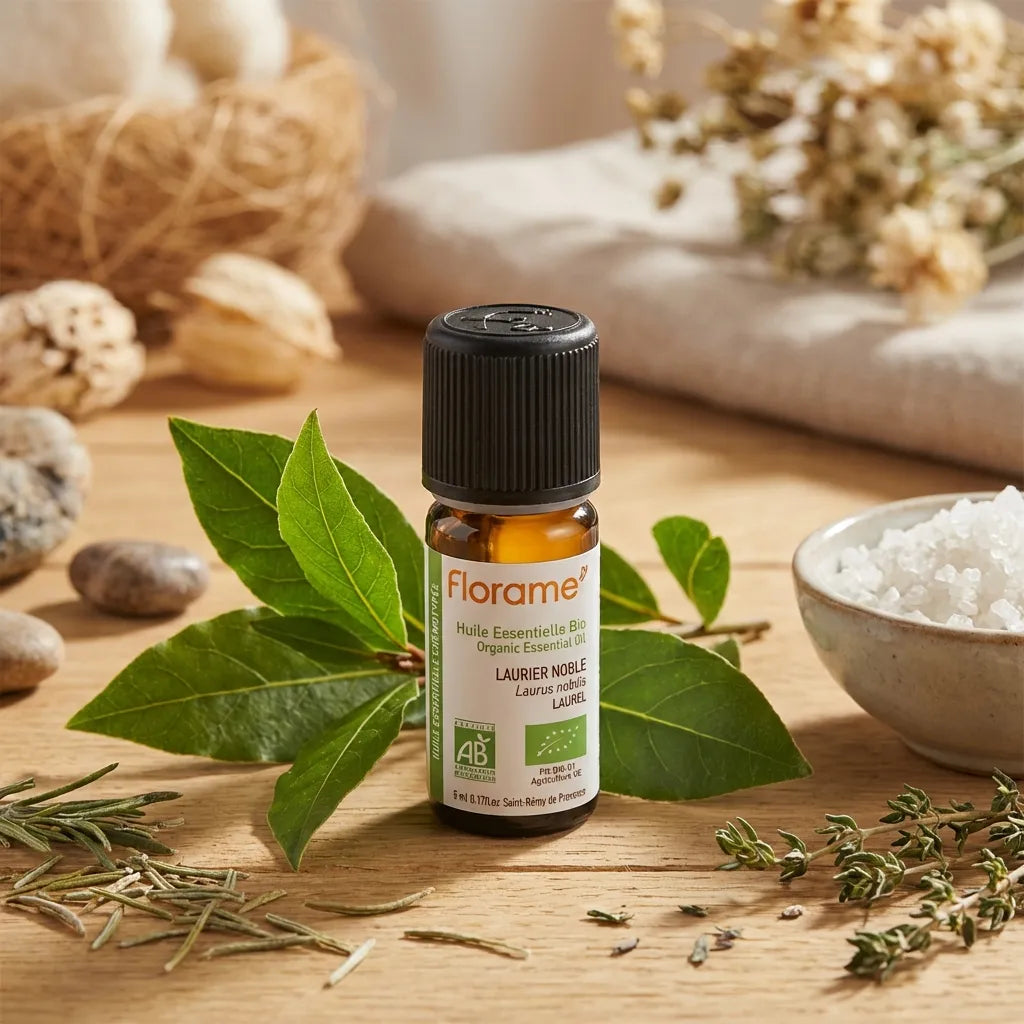 Huile essentielle Laurier noble bio Florame 5ml avec feuilles fraîches et éléments naturels