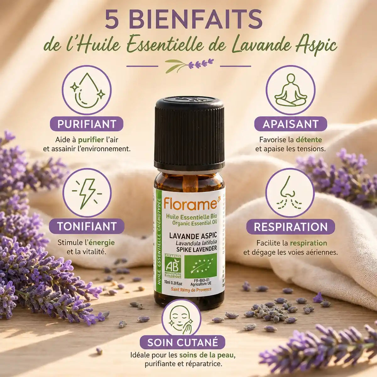 Huile essentielle Lavande aspic bio Florame 10ml avec fleurs, bénéfices purifiant et apaisant