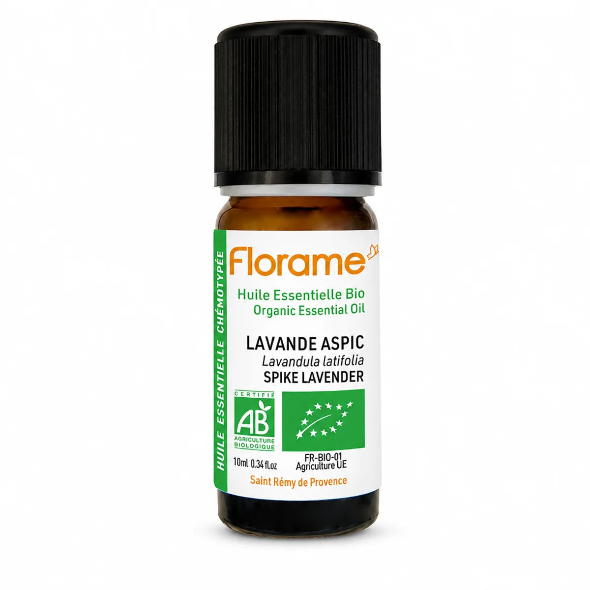 Flacon huile essentielle lavande aspic bio Florame 10ml certifié AB sur fond blanc