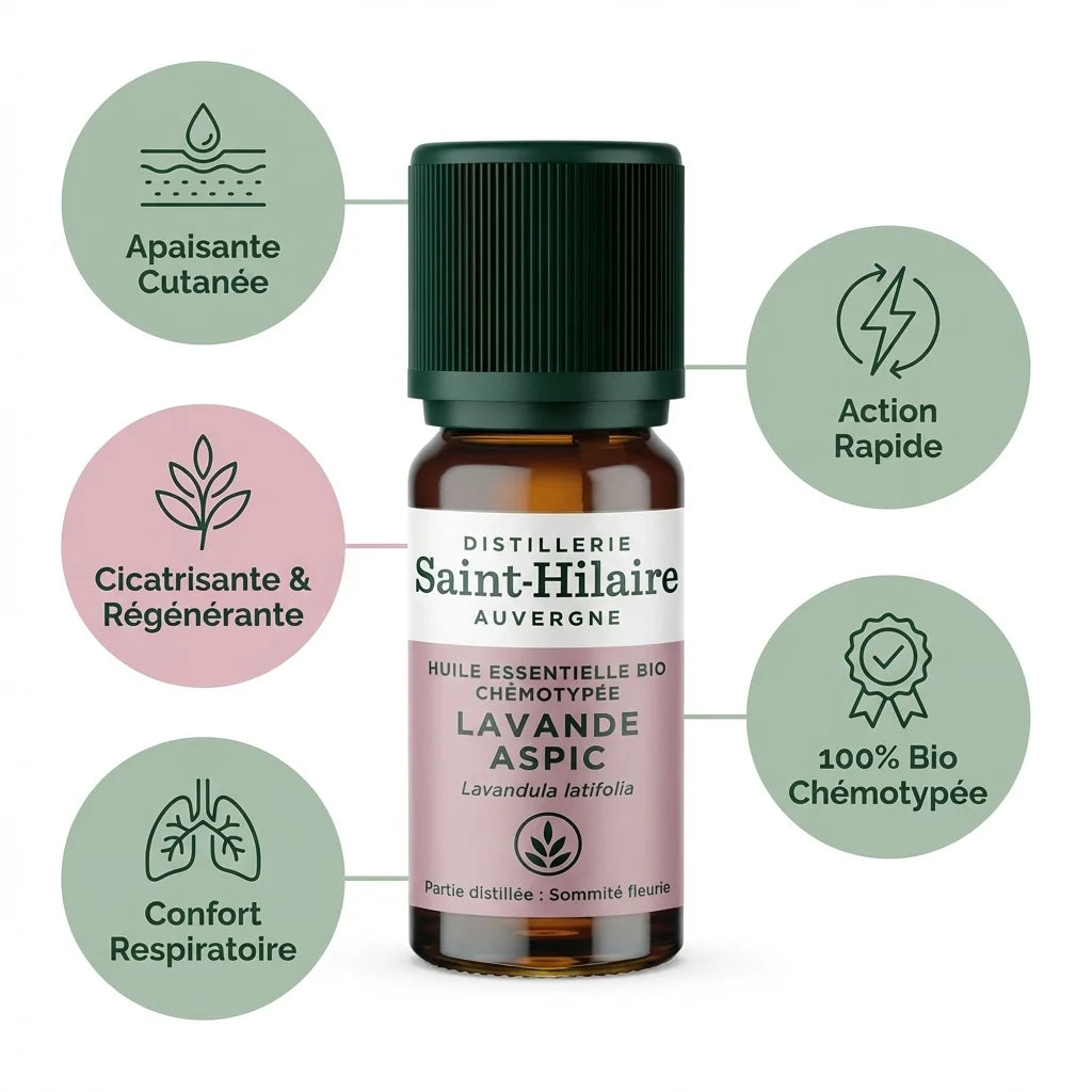 Huile essentielle lavande aspic bio Saint Hilaire 10ml avec infographie bénéfices cutanés respiratoires