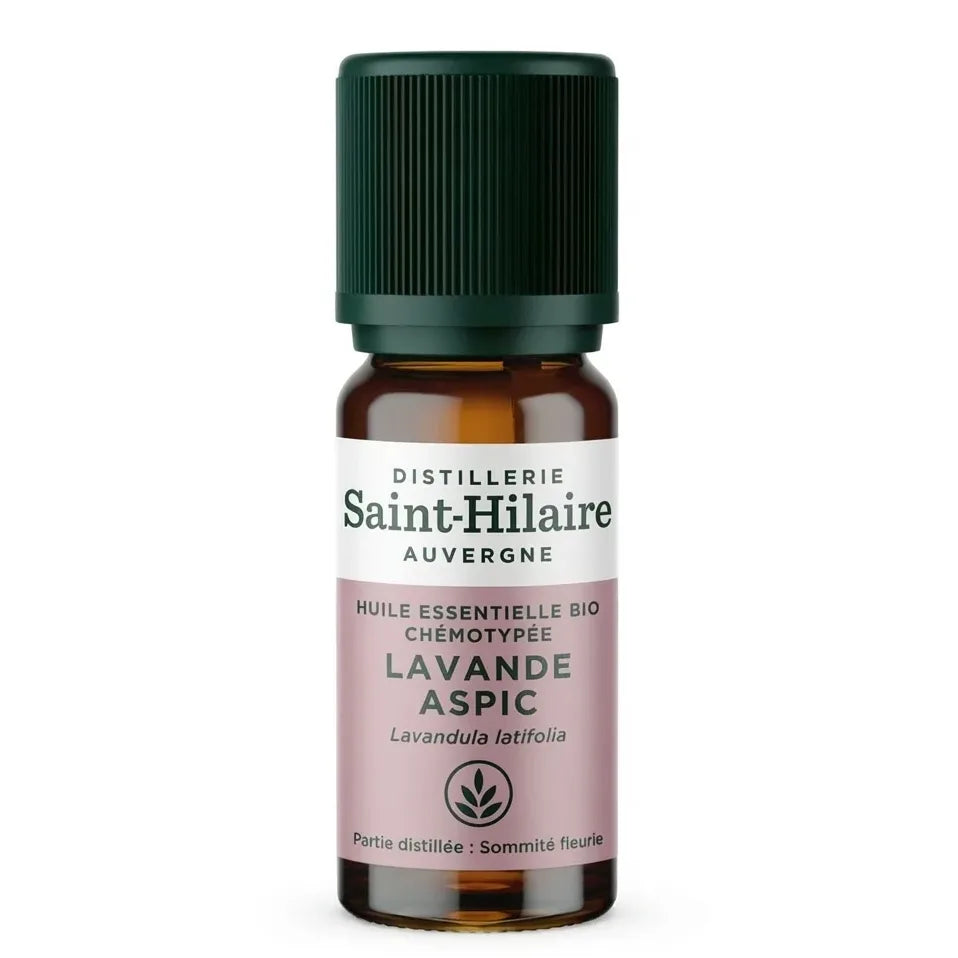 Flacon d'huile essentielle de lavande aspic bio Saint-Hilaire 10ml avec étiquette blanche et bouchon vert