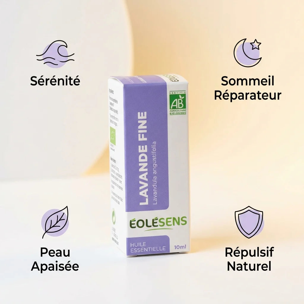 Huile essentielle lavande bio Eolesens 10ml avec bénéfices sérénité sommeil peau
