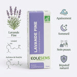 Huile essentielle lavande fine bio Eolesens 10ml avec certification AB et infographie bénéfices