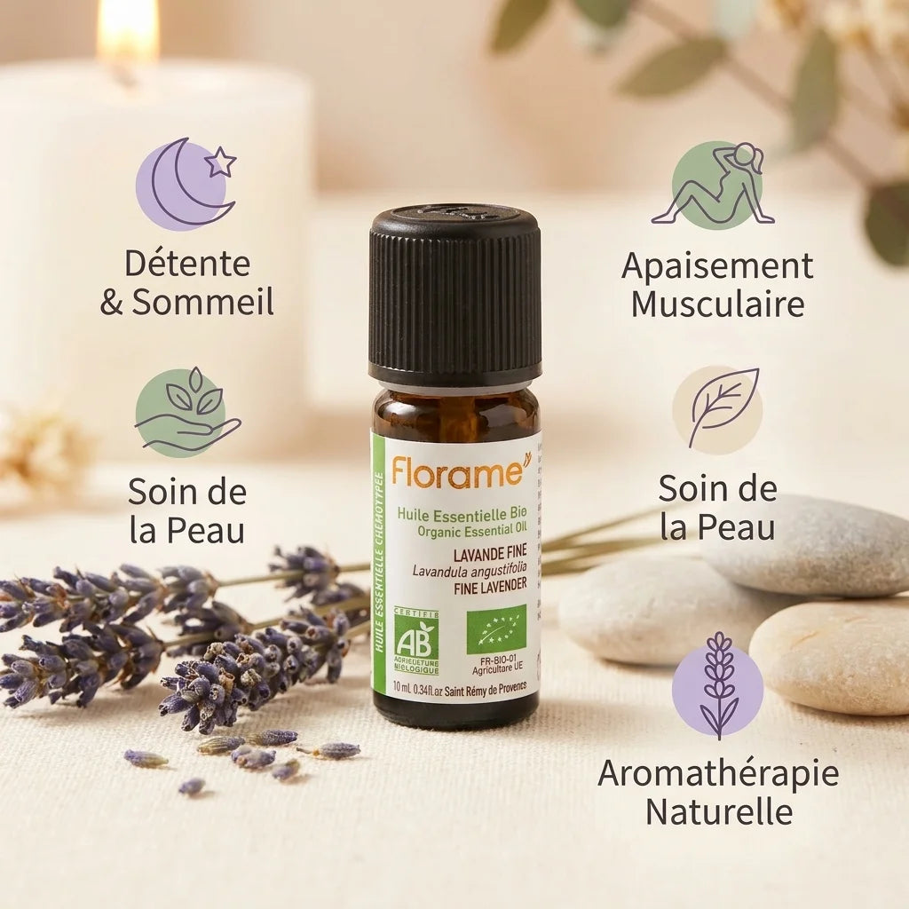 Huile essentielle Lavande Fine bio Florame 10ml avec bénéfices détente et sommeil