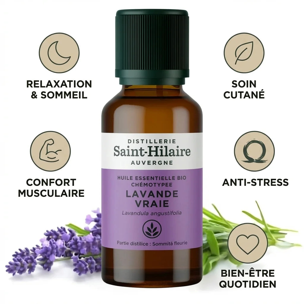 Huile Essentielle Lavande Vraie Bio Saint-Hilaire 50ml avec bénéfices relaxation, sommeil et bien-être