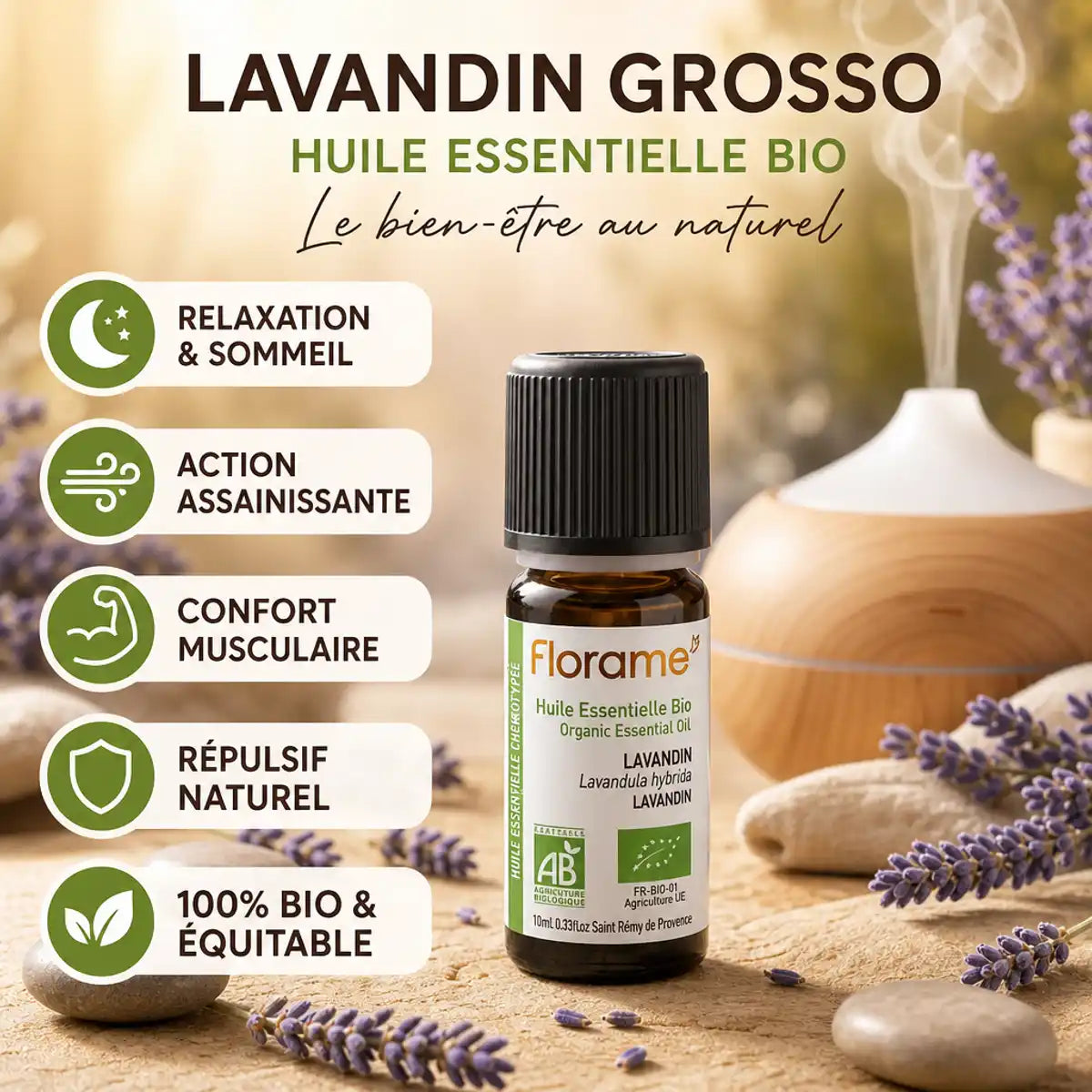 Huile essentielle Lavandin Grosso bio Florame 10ml avec ses bienfaits relaxation et assainissement
