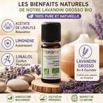 Huile essentielle Lavandin Grosso bio Florame 10ml avec infographie des bénéfices et ingrédients