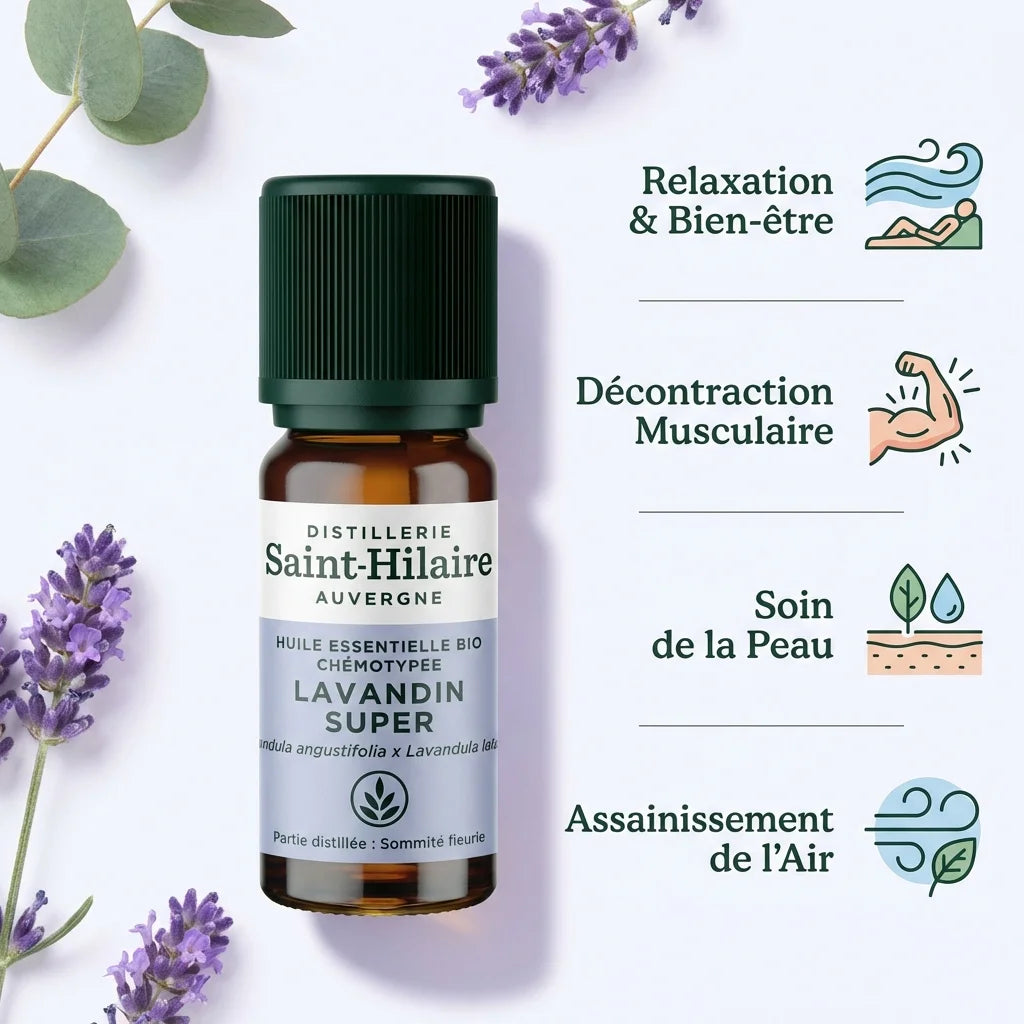 Huile essentielle Lavandin Super Bio Saint-Hilaire 10ml avec bénéfices relaxation et bien-être
