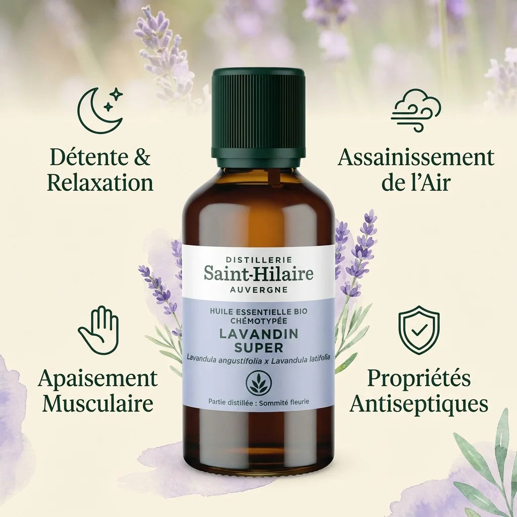 Huile essentielle lavandin super bio Saint-Hilaire 50ml avec bénéfices détente et relaxation